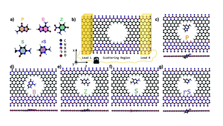 Figure 8. An example of a DNA sequencer analysis model using the NEGF method (Reference [12]) Nucleic acid bases used in analysis (a) and placement in nanopores (b to g)