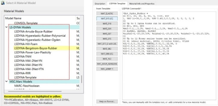 [図2] 選択できる材料モデル（Ansys LS-DYNA）の一覧