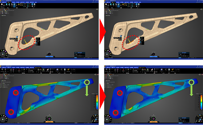 図3. （上段）ブラケットに対して作成したSub-D（編集機能で表面を引っ張ってモーフィングを実施可能） （下段）モーフィング前後の応力分布。赤丸：拘束部位、緑丸：載荷部位