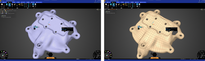 図4. （左）トポロジー最適化で得られたSTLデータ　（右）Sub-Dに変換したもの