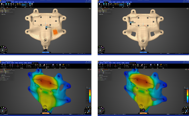 図5. （上段）トポロジー最適化で得られた形状に対してSub-Dの編集機能でさらに穴をあけることが可能 （下段）穴をあける前後の解析結果の様子