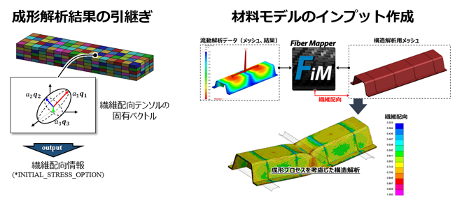 Figure 4　Moldex3Dの流動解析によって得られた繊維配向分布をAnsys LS-DYNAの構造解析にマッピングするJ-Composites Fiber Mapperソリューション